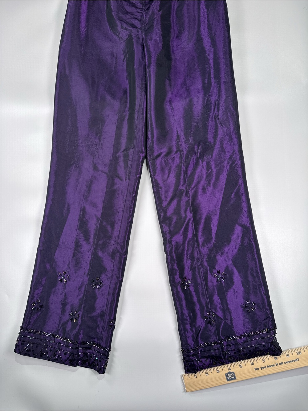 SILX Straight Leg Pants Beaded Hem High Waist Iridescent Silk Purple 4P - Picture 11 of 13
